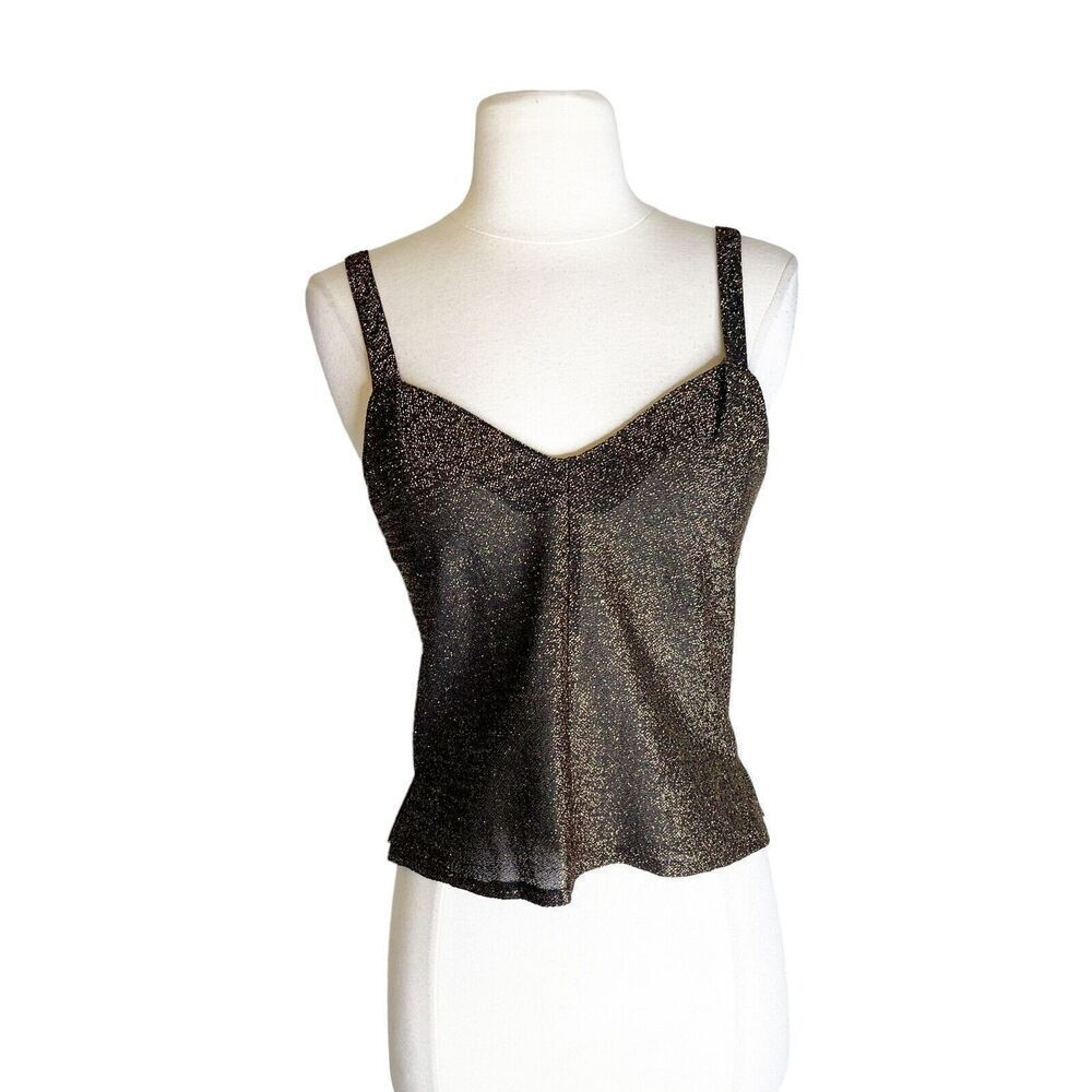Vintage 80s XS/S Lurex Knit Tank Top Black Gold Strappy Crop Semi-Sheer Light